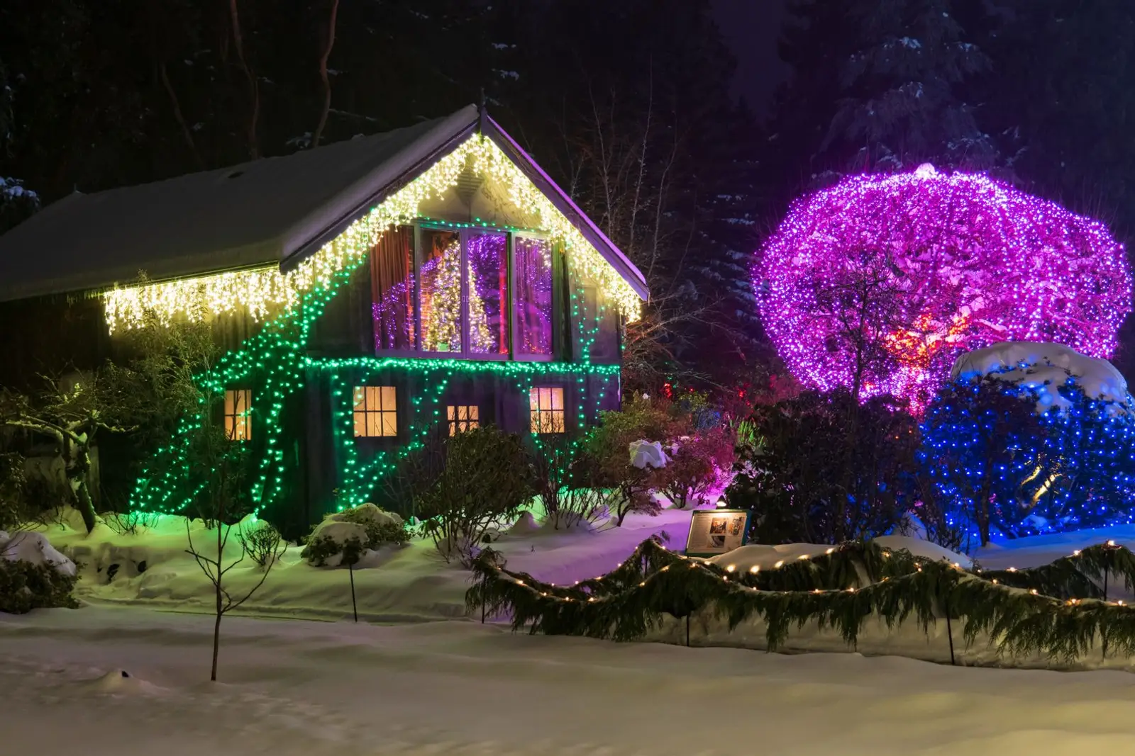 House with lights outlining the gables and eaves, plus lit bushes