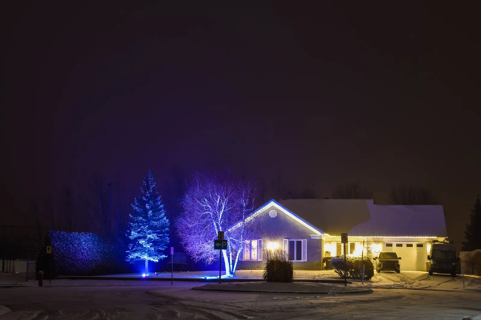 One-story house with white roofline lights and blue lit trees in the yard