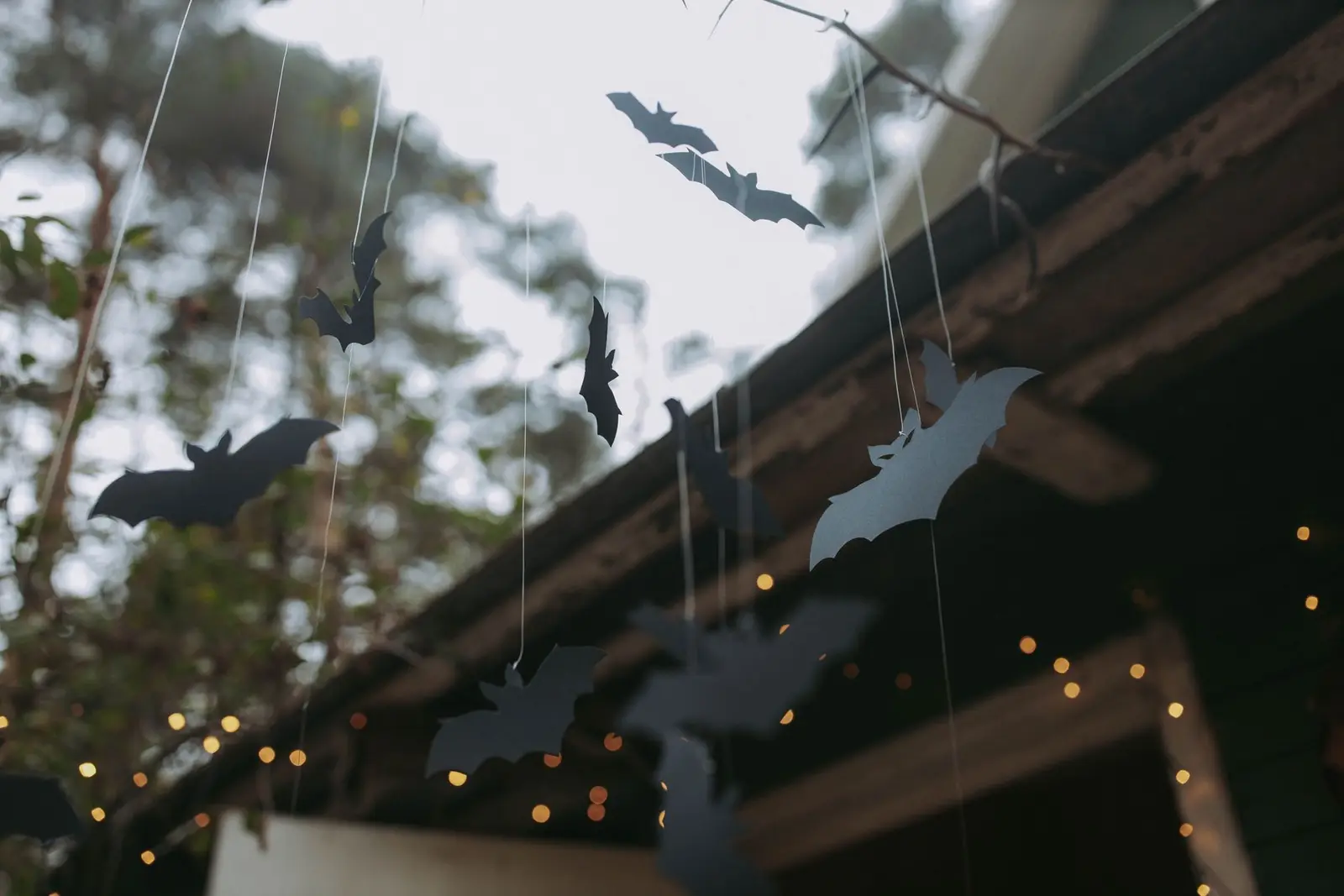 Bat cutouts and string lights hanging from the eaves of a house